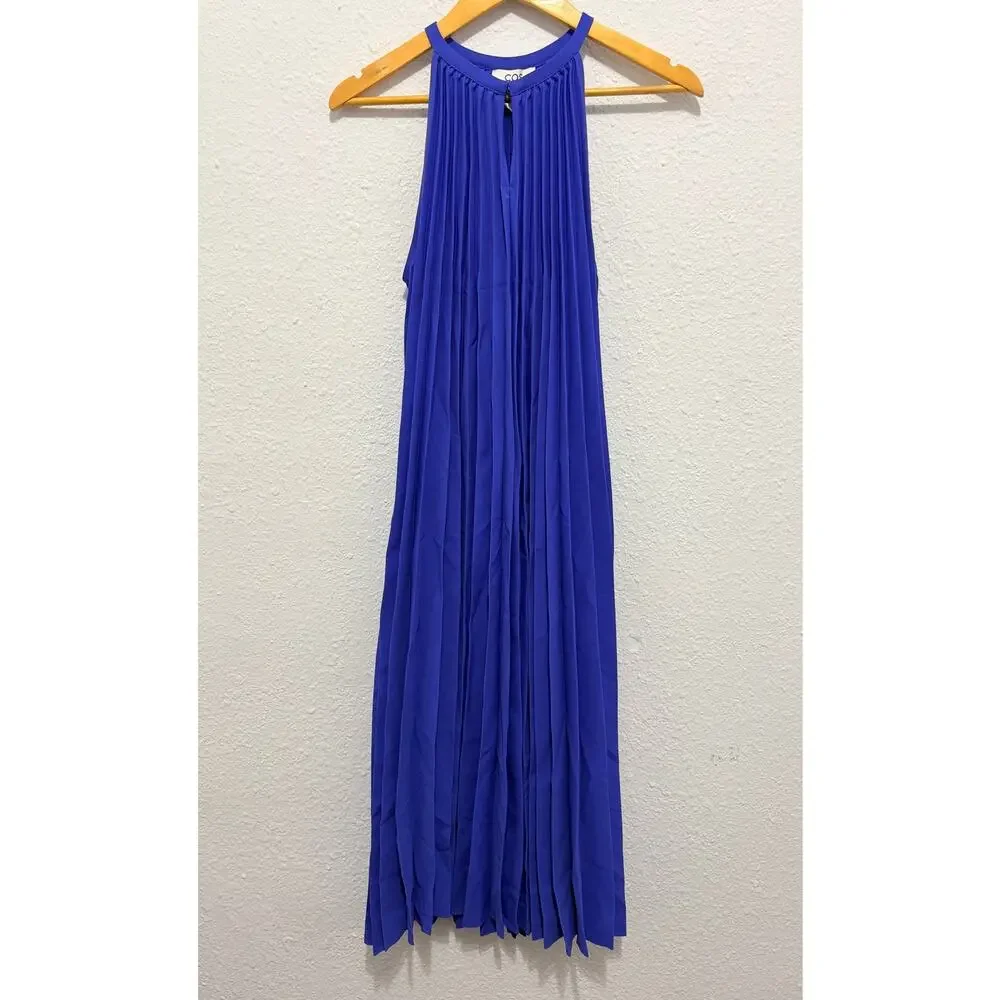 NWT COS Pleated Halterneck Midi Dress Sz 4 Cobalt Blue Wedding Guest Glam - Picture 2 of 9